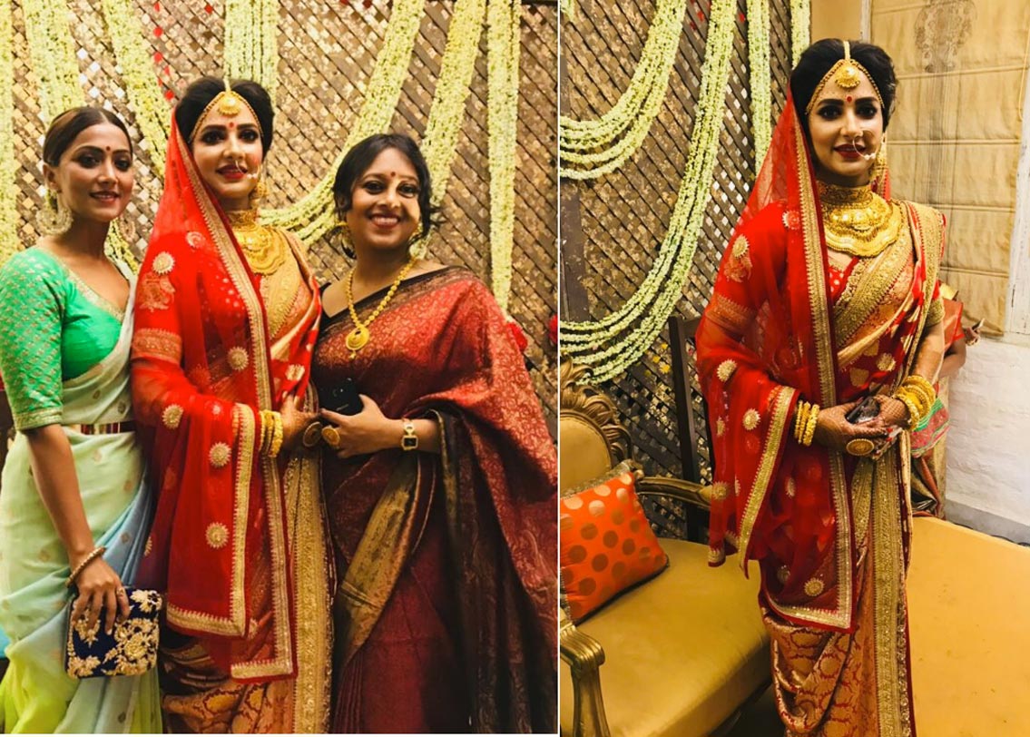 সব্যসাচী মুখোপাধ্যায়ের ডিজাইন করা লাল বেনারসীতে সেজেছিলেন শুভশ্রী। সঙ্গে ছিল মানানসই ভারী সোনার গয়না। চন্দনে সাবেকী সাজে দেখা যায় তাঁকে।