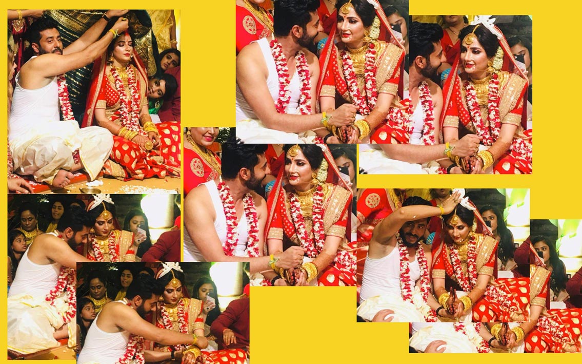 বিয়ের পিঁড়িতে বসেছেন রাজ-শুভশ্রী। আর তাঁদের ঘিরে রয়েছে আত্মীয়-স্বজন এবং বন্ধুবান্ধবরা।