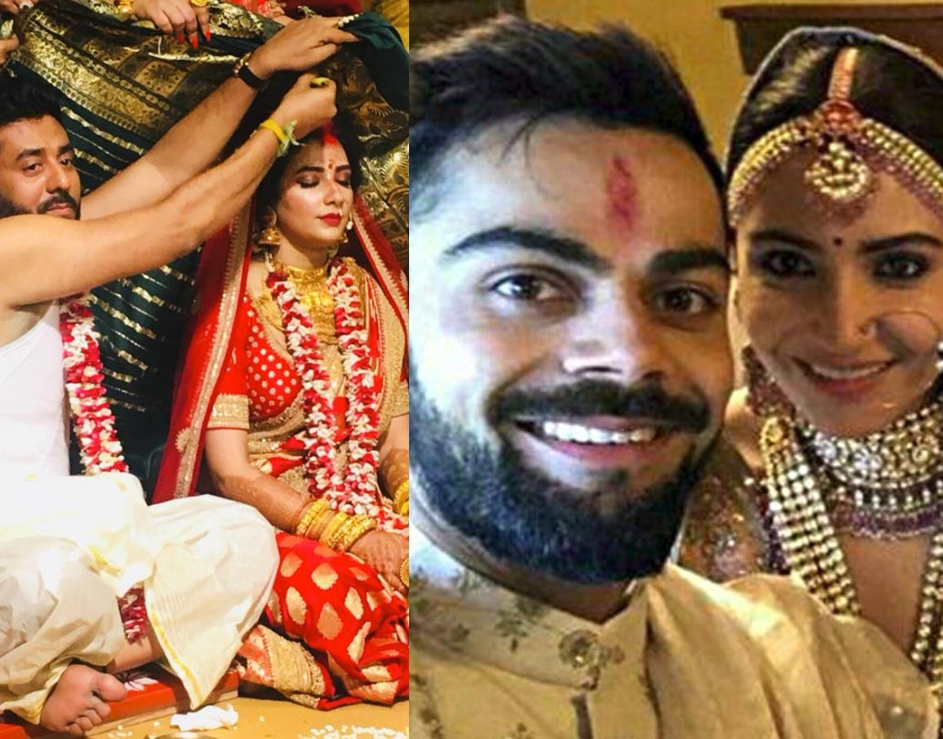 থিম সং-  গানও এক। অনুষ্কা অভিনীত ফিলৌড়ি ছবির ‘দিন শাগনা দা’ গানটা বেজেছে দুই বিয়েতেই।  দু’বারই কনে এগিয়ে চলেছে ছাদনাতলার দিকে। একজন বাওয়ালি রাজবাড়িতে বন্ধু শ্রেয়া পাণ্ডের সঙ্গে, আর একজন একাই হেঁটে চলেছে ইতালির তাস্কনিতে।