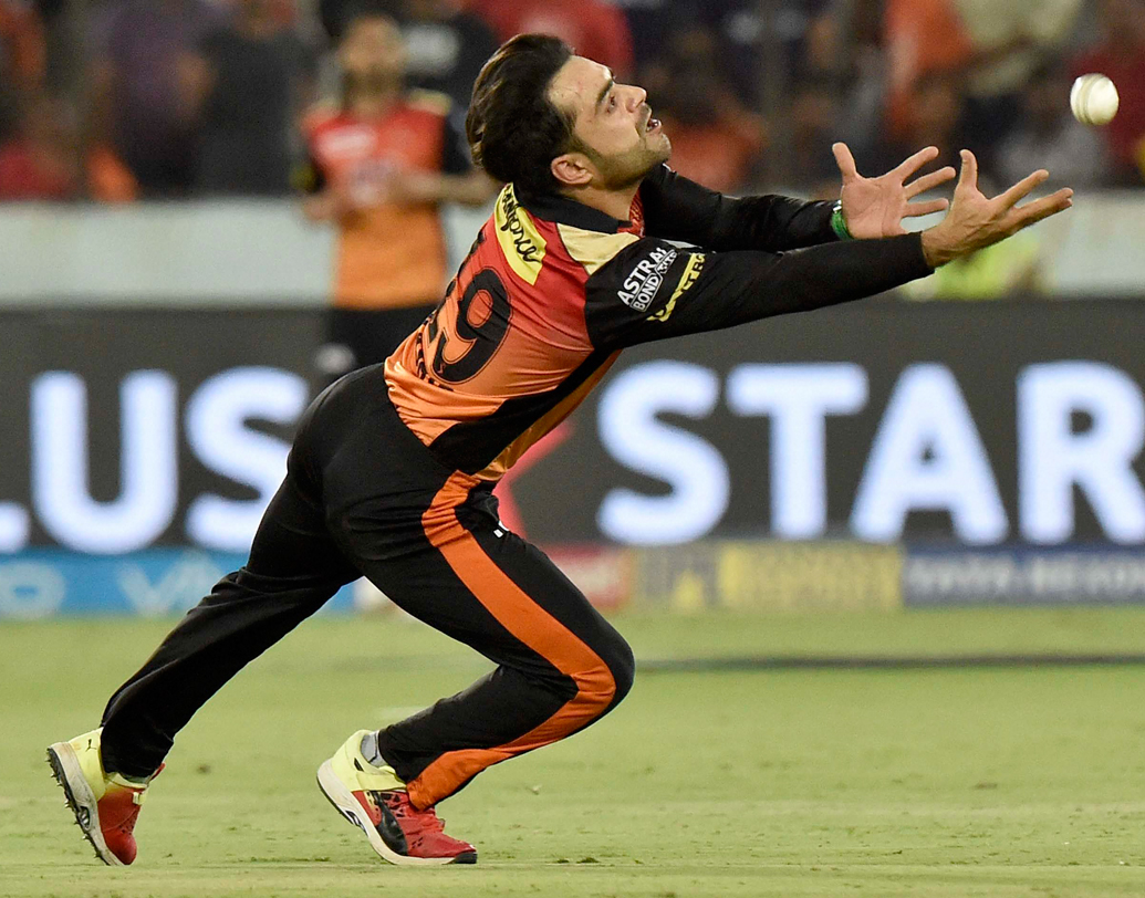 ক্যাচ মিস: নিজের বলে রবিন উথাপ্পার ক্যাচ ফেলেন রশিদ খান। ওই সময়ে রবিন আউট হলে ম্যাচের ফল অন্য কিছু হতেই পারত। সেই রবিনই ৩৪ বলে ৪৫ করে যান। ছবি: পিটিআই।