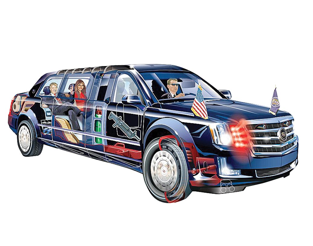 বুট: অগ্নি নির্বাপণ ব্যবস্থা, টিয়ার গ্যাস এবং ধোঁয়ার জাল বিস্তার করার যন্ত্র, প্রেসিডেন্টের গ্রুপের রক্তের প্যাকেট রয়েছে গাড়ির ভিতর।