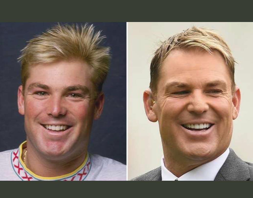 শেন ওয়ার্ন: বাঁদিকের জন ১৯৯৩ সালের অজি লেগ স্পিনার। আর ডানদিকে তাঁর ২৪ বছরের পরের ছবি। হেয়ার স্টাইল তো বটেই, মুখেও বদল এসেছে অনেকটাই।