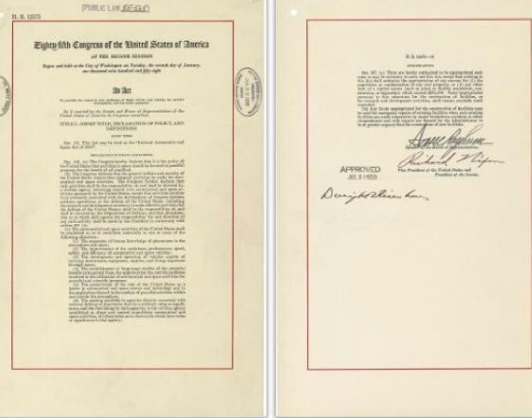 ‘নাসা’র জন্মের জন্য মার্কিন কংগ্রেসে পাশ হল এই বিল। বলা হল, ‘‘পৃথিবীর বায়ুমণ্ডলের ভেতর ও বাইরে বিমান চালনার সমস্যা দূর করার লক্ষ্যে গবেষণার জন্য’ই গড়া হচ্ছে নাসা।