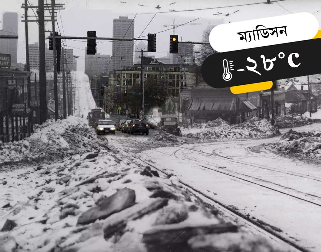 আবহাওয়া দফতর জানাচ্ছে, ম্যাডিসনে গত ৪০ বছরে এরকম শীত পড়েনি। ম্যাডিসনে হিমাঙ্কের চেয়ে ২৮ ডিগ্রি নীচে রয়েছে তাপমাত্রা।