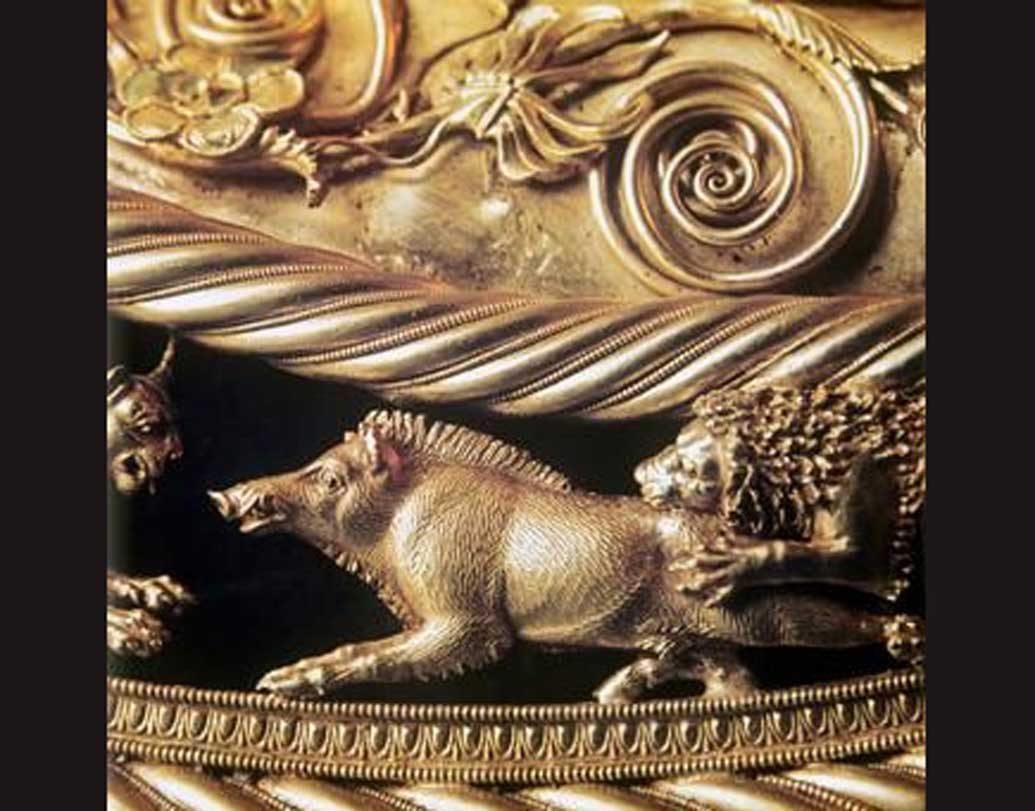 তিনটি আলাদা ভাগে জীবনের সাফল্য, ফুল-পাতা, মৃত্যু, জীবজন্তু ও প্রকৃতিকে আলাদা ভাবে দেখানো হয়েছে। সিংহ, বুনো শুয়োর, প্যান্থারের সঙ্গে শিকার কাহিনিও ফুটে উঠেছে এই সাইথিয়ান ব্রেস্টপ্লেটে।