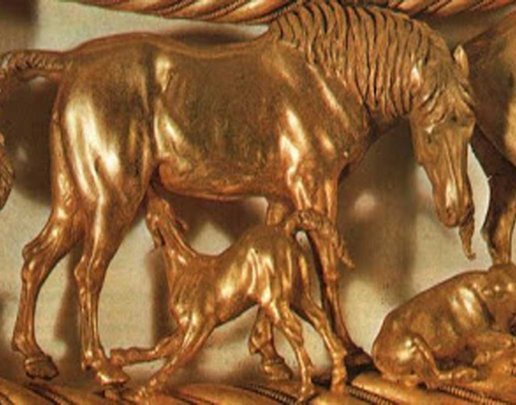 পৌরাণিক গ্রিফিনও রয়েছে এই হারের নকশায়। যার মাথা ও ডানা ঈগলের, দেহ সিংহের, খাড়া কানও রয়েছে। গ্রিফিনের সঙ্গে ঘোড়ার যুদ্ধের ছবিও ফুটে উঠেছে।