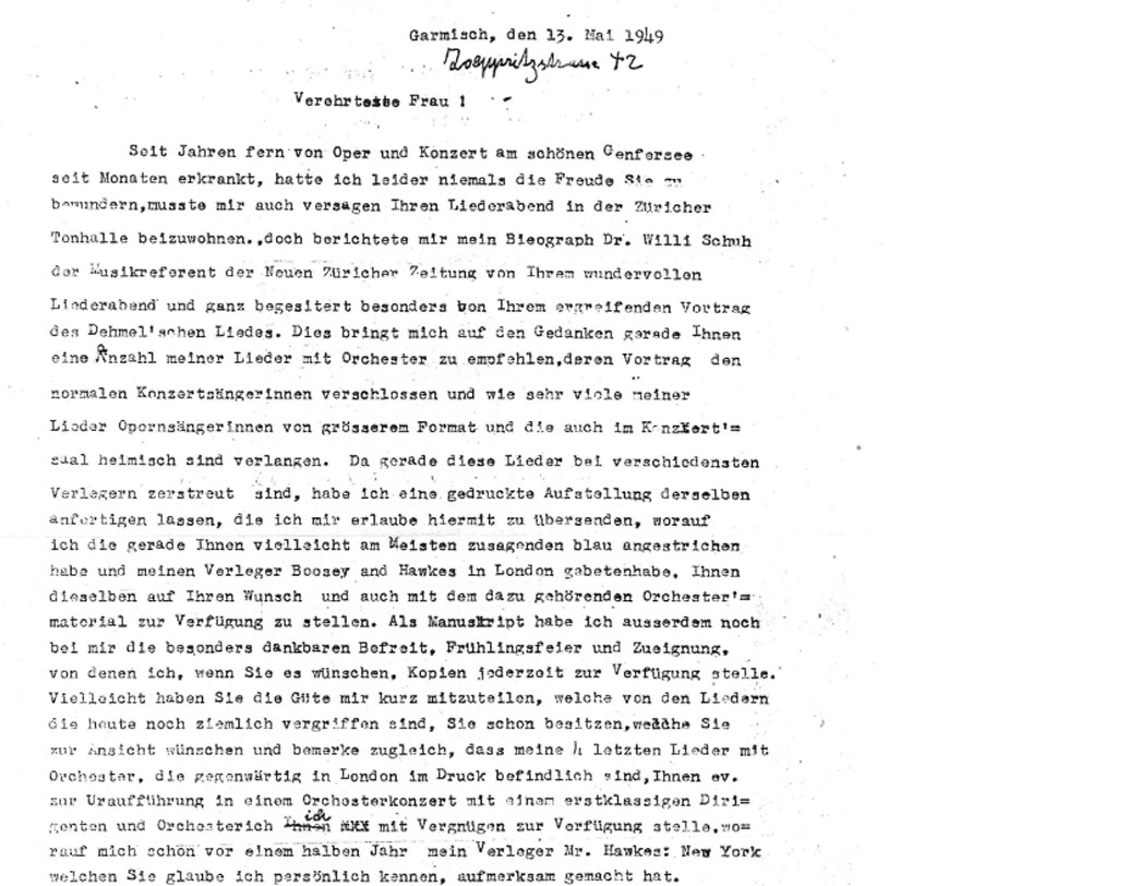সেই মাস্টারপিসগুলি গাওয়ানোর জন্য তাই গায়িকা ত্রিস্টেন ফ্ল্যাগস্ট্যাডকে অনুরোধ জানিয়ে চিঠি লেখেন তিনি। লন্ডনে ক্রিস্টেনের অনুষ্ঠানেই এই গানগুলির প্রিমিয়ার পারফর্ম্যান্স হোক, এই ছিল তাঁর ইচ্ছা। ক্রিস্টেনকে লেখা সেই চিঠি আজও ত্রিস্টেন ফ্ল্যাগস্টাডের সংগ্রহশালায় রাখা রয়েছে।