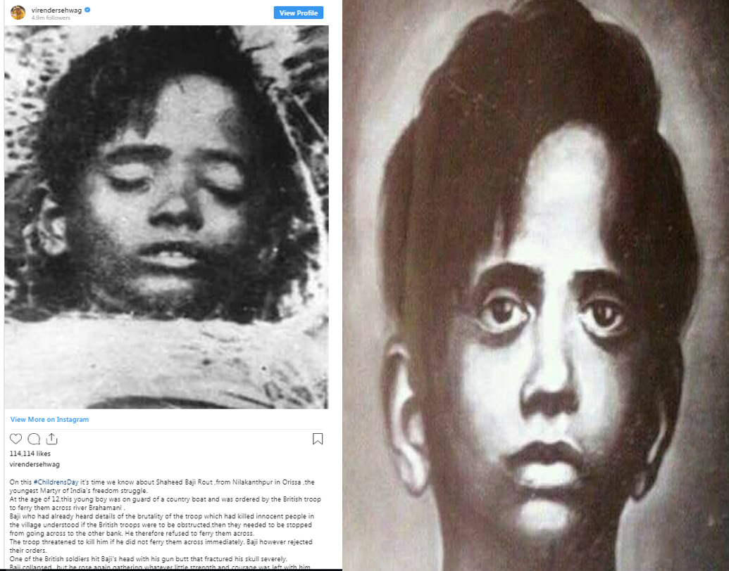 শিশু দিবসে বাজিকে সম্মান জানিয়ে টুইট করেছেন বীরেন্দ্র সহবাগ। প্রাক্তন ওপেনারের ইনস্টাগ্রাম পোস্টে বিস্মৃতির পর্দা সরিয়ে নতুন করে আলোচনায় দেশের কনিষ্ঠতম শহিদ, ওড়িশার ঢেঙ্কানলের বাজি রাউত।