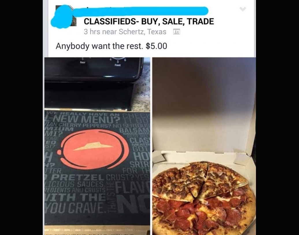 পিজা খেতে খেতে বেঁচে গিয়েছিল, তাই বাকিটা অনলাইনে বিক্রি করতে চেয়েছিলেন এক ব্যক্তি। লিখেছিলেন, লেফ্ট ওভার পিজা, দাম ৩৬০ টাকার কাছাকাছি।