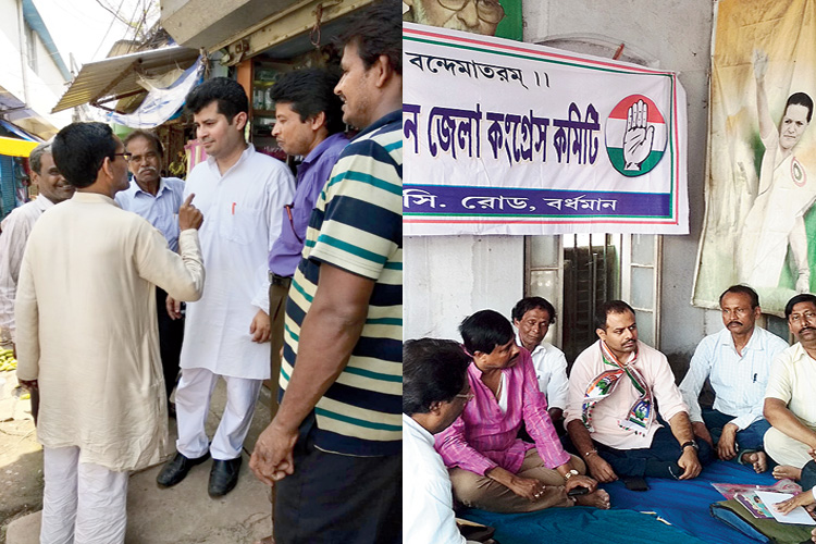 বাঁ দিকে, প্রচারে রণজিৎ। ডান দিকে, বৈঠকে সিদ্ধার্থ। নিজস্ব চিত্র