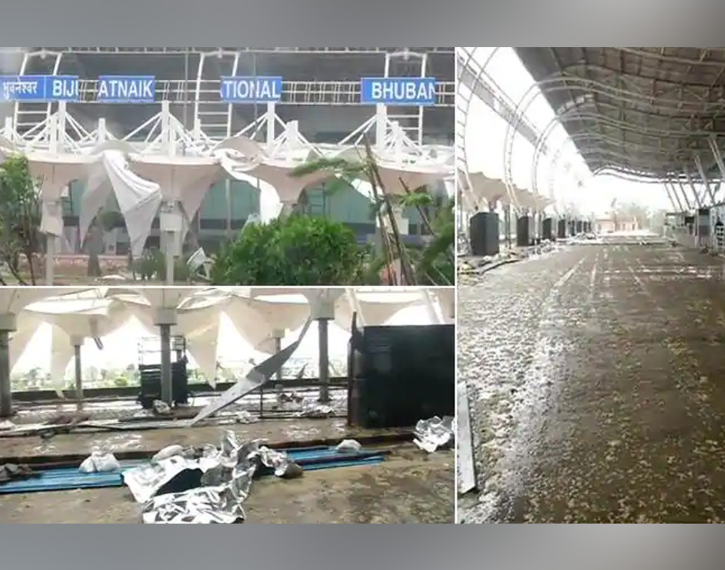 বিমানবন্দরে যাত্রী টার্মিনালের গেটের সামনে জায়গায় জায়গায় গাছ পড়ে রাস্তা আটকে যায়।