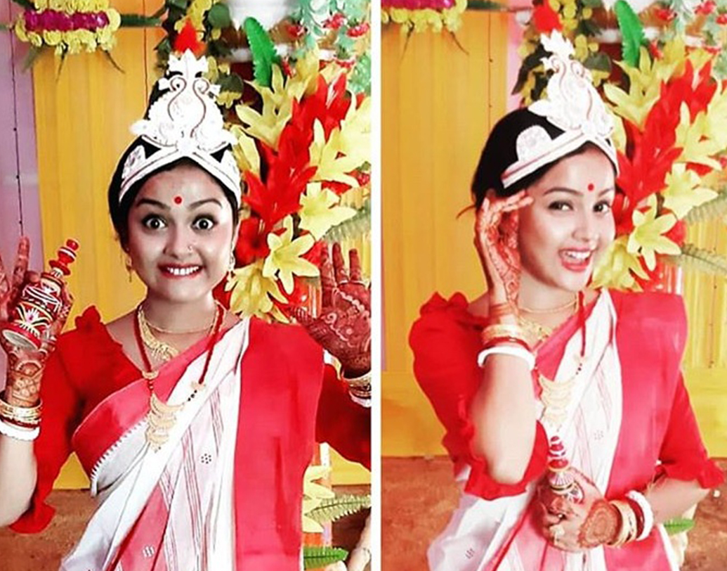 লাল পাড় সাদা শাড়ি। সোনার গয়না। লাল টিপ। মাথায় শোলার মুকুট— ঠিক এ ভাবেই সোশ্যাল মিডিয়ায় নিজের ছবি শেয়ার করেছেন নবনীতা।