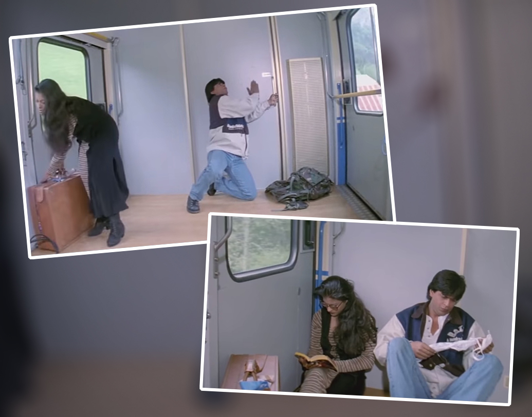 তখন রাজ-সিমরনের সম্পর্কের শুরুই হয়নি। ট্রেনের সফর। খুলে যাওয়া সুটকেস পরিপাটি করে গুছিয়ে ফেললেন সিমরন। ট্রেনের মেঝে খালি। ঠিক পরের শটেই আচমকা রাজের হাতে কী ভাবে চলে এল সিমরনের অন্তর্বাস?