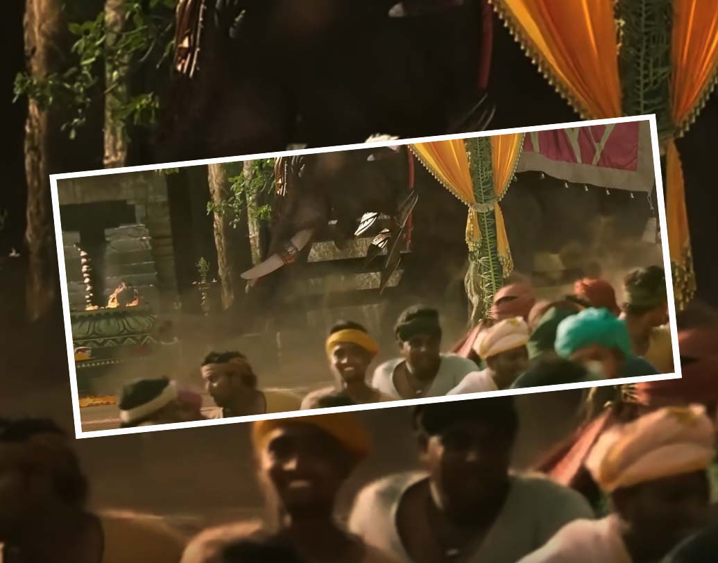 হাতির তাণ্ডব চালানোর দৃশ্যটির কথা ভাবুন। পিছনেই হাতি মারমুখী হয়ে আছে, সকলে ছুটোছুটি করছেন প্রাণভয়ে। এমন দৃশ্যে অবলীলায় এক জন হাসছেন! পরিচালক বা সম্পাদকের চোখ এড়ালেও তা খেয়াল করেছেন অনেকেই।