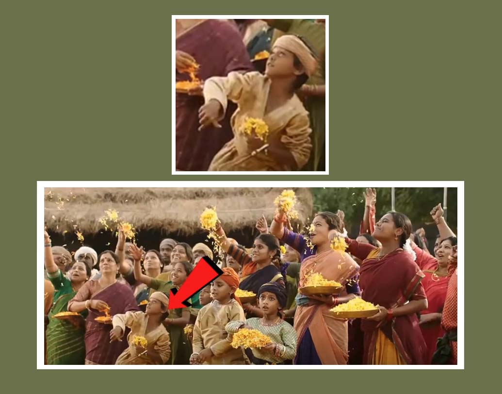 এই তাণ্ডবের সময় একটি শিশু মাথায় আঘাত পায়। তাকে রক্তাক্ত অবস্থায় দেখাও যায়। কিন্তু তাণ্ডব শেষ হলে পরের দৃশ্যেই দেখা যায় তার মাথায় কোনও আঘাতের চিহ্ন নে, উল্টে সেও হাসি মুখে ফুল ছুড়ছে।