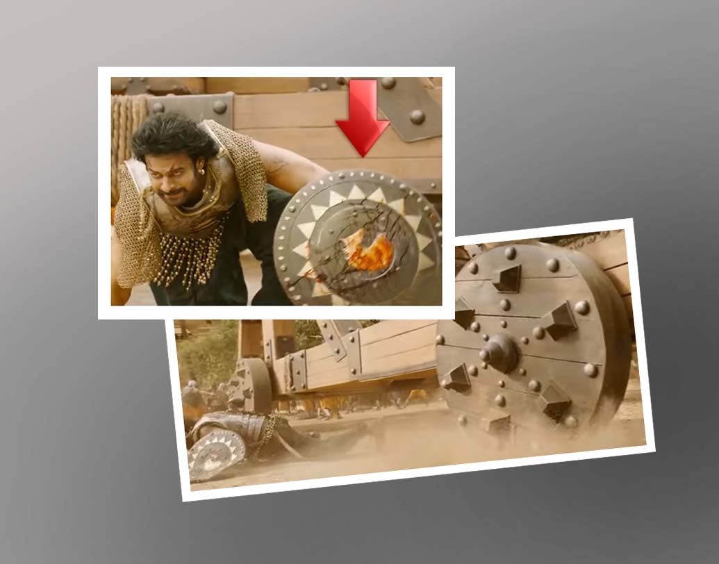 একটি দৃশ্যে রথের চাকায় ধাক্কা লেগে বাহুবলীর ঢাল বেঁকে যায়। পর মুহূর্তেই কন্টিনিউয়েশন দৃশ্যে সেই ঢাল আবার মজবুত ও অক্ষত দেখা যায়।