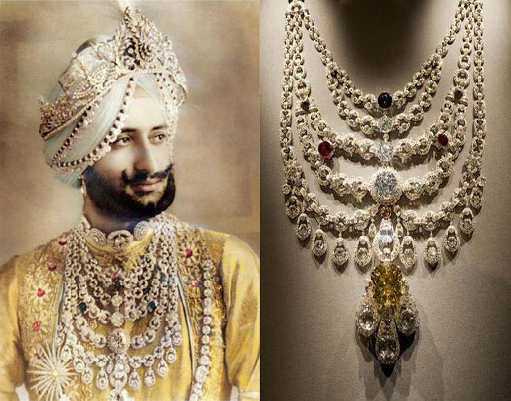 মহারাজা ভূপিন্দর সিংহর পাতিয়ালা নেকলেস : বিখ্যাত ফরাসি সংস্থা ‘কার্তিয়ের পারি’-কে দিয়ে ১৯২৮ সালে এই কণ্ঠহার তৈরি করিয়েছিলেন মহারাজা ভূপিন্দর সিংহ। পাঁচ ছড়ার এই নেকলেস বানাতে প্রয়োজন হয়েছিল মোট ২৯৩০ টি হিরে। কণ্ঠহারের মাঝে লকেট হিসেবে ব্যবহৃত হয়েছে বিশ্বের সপ্তম বৃহত্তম হিরে। ২৩৪ ক্যারাটের ‘ইয়েলে ডি বিয়ার্স’। এ ছাড়াও এই গয়নায় আছে প্ল্যাটিনাম, টোপাজ এবং চুনি-সহ আরও বহু দুর্মূল্য রত্ন।