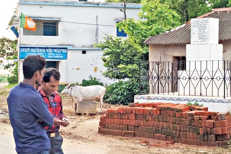 নেতাইয়ে শহিদ বেদির কাছেই উড়ছে বিজেপির পতাকা। —নিজস্ব চিত্র।