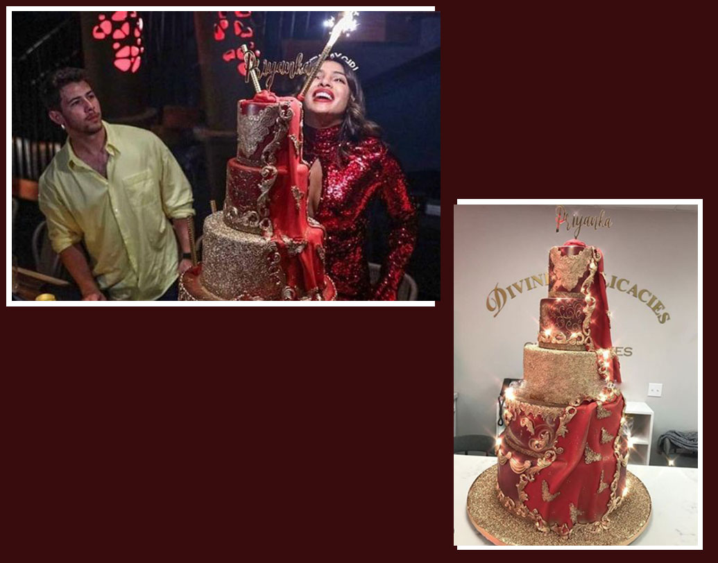 নিক জোনাস দেশি গার্ল-কে জন্মদিনের দিন কেক সারপ্রাইজ দেয়। পাঁচটি লেয়ার সম্পন্ন এই কেক ছিল পার্টির বিশেষ আকর্ষণ, দাম ৩ লাখ ৪৫ হাজার টাকা। লাল এবং গোল্ডেন রঙের ডিজাইন ছিল প্রিয়ঙ্কার জন্মদিনের কেকটিতে। নায়িকার ড্রেসের সঙ্গে মানানসই করে বানানো হয়েছিল এই স্পেশাল কেক।
