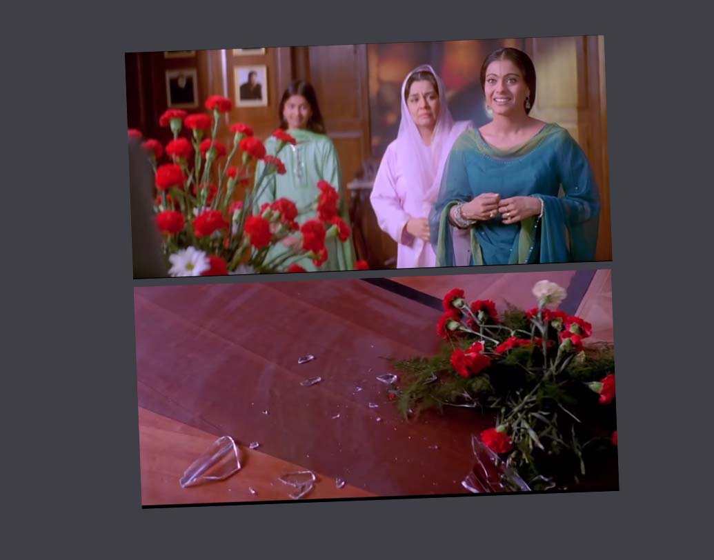 অমিতাভের বাড়িতে ক্ষমা চাইতে গিয়ে দ্বিতীয় বার কাজলের ফুলদানি ভাঙার দৃশ্যটি মনে আছে? ভাল করে লক্ষ্য করলে দেখা যাবে যে দূরত্বে কাজল দাঁড়িয়ে আছে, তাতে বিনুনির ধাক্কায় ফুলদানি ভাঙা এক প্রকার অসম্ভব।