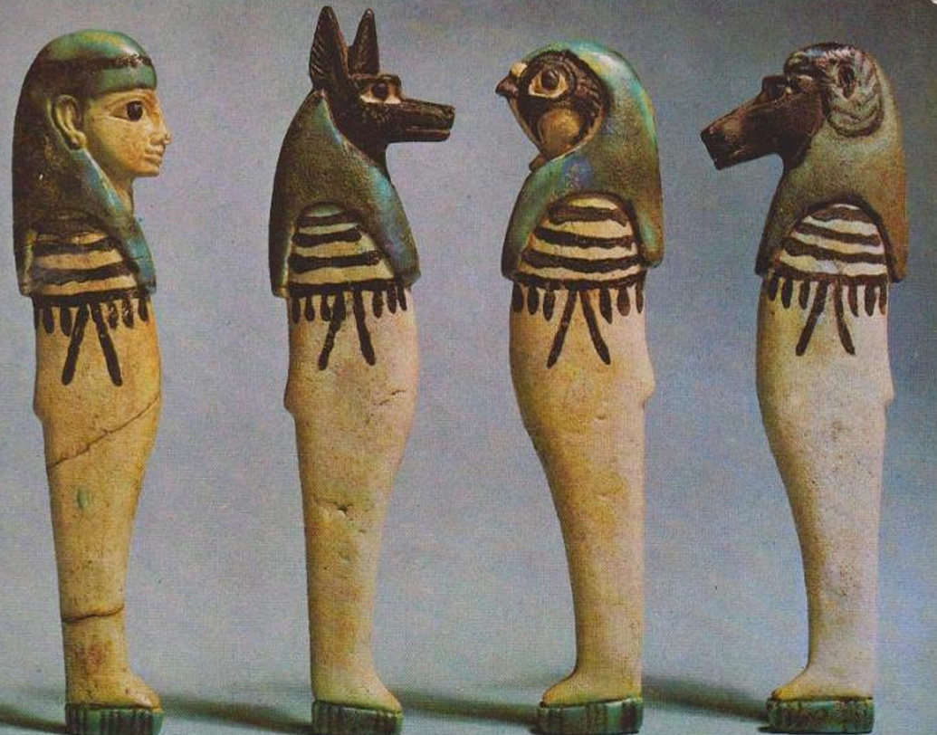 এই চার সন্তান হলেন ইমসেটি, যিনি শব থেকে বিচ্ছিন্ন যকৃৎকে রক্ষা করতেন। দ্বিতীয় পুত্র হাপি রক্ষা করেন মুণ্ডকে। তৃতীয় পুত্র কেবেহসেনাফ ক্ষুদ্রান্ত-রক্ষক। দুয়ামাতেফ রক্ষা করতেন পাকস্থলিকে।  ( ছবি: সোশ্যাল মিডিয়া )