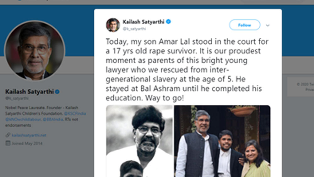 অমরের সেই কাহিনি টুইটারে শেয়ার করেছেন কৈলাস সত্যার্থী। তিনি লিখেছেন, “আজ, আমার ছেলে অমর লাল ১৭ বছরের এক ধর্ষিতার জন্য আদালতে দাঁড়িয়েছেন। মাত্র ৫ বছর বয়সে উদ্ধার হওয়া এই উজ্জ্বল তরুণ আইনজীবীর জন্য আমরা গর্বিত।”