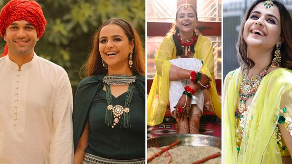 কোনও ছবিতে তিনি গায়ে হলুদের পোশাকে সনাতনী সাজে ধরা দিয়েছেন। টিকলি, ভারী গয়না, হলুদ ওড়নায় মন জিতেছেন অনুরাগীদের। তাঁর স্বামী রোহিতও কিন্তু কম যান না। বিয়ের একটি অনুষ্ঠানে রোহিত পরেন সাদা পাঞ্জাবি। মাথায় ছিল লাল বাঁধনি পাগড়ি। তখন প্রাচীর পরনে একেবারে ভিন্ন ধরনের সবুজ লেহঙ্গা।