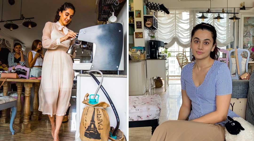 খাবার জায়গা তুলনামূলক ছোট। নানা রঙের কাঠের চেয়ার ও কাচের টেবিলের সঙ্গে রয়েছে তাপসীর প্রিয় কফি মেশিন এবং বাসনপত্র। ডাইনিং রুম ঠিক যেন কোনও কফি শপ।