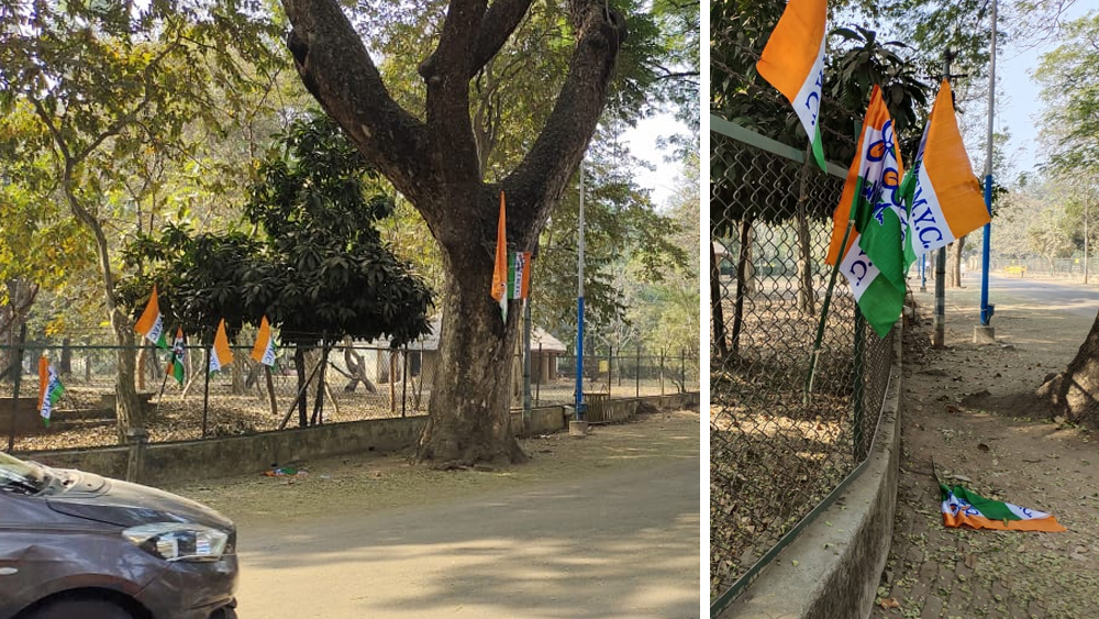 বিশ্বভারতীর উপাসনা গৃহের সামনে এমনই পতাকা লাগানোয় শুরু হয়েছে বিতর্ক। 