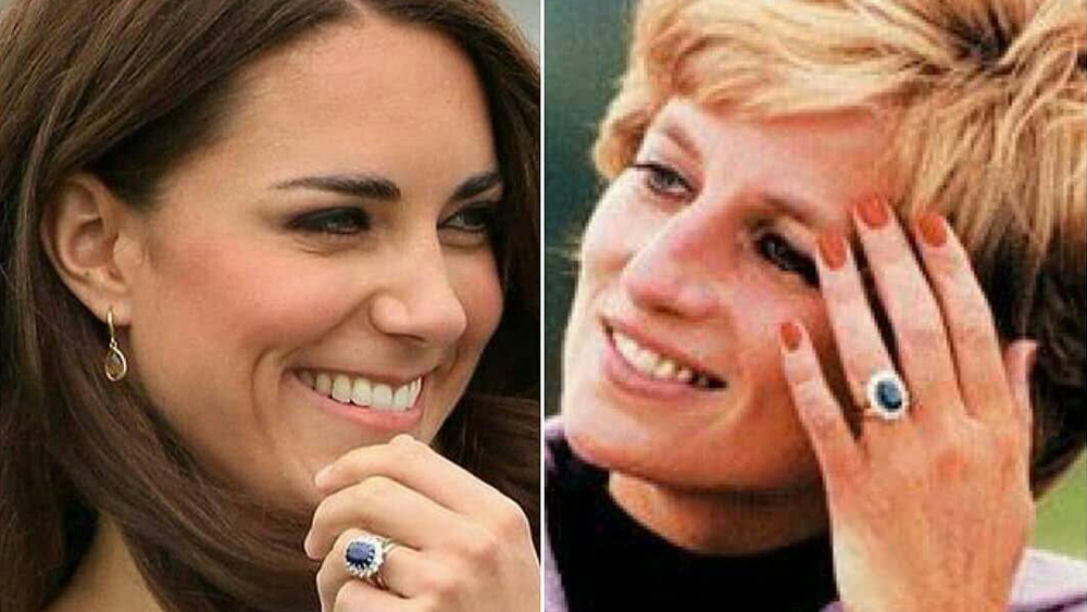 কেটের অনামিকায় মোট তিনটি আংটি রয়েছে, যার মধ্যে প্রথমটি হল, হোয়াইট গোল্ড দিয়ে তৈরি ব্যান্ড, যার উপর একটি হিরের বলয় বসানো রয়েছে। আর মধ্যিখানে রয়েছে একটি প্রকাণ্ড আকারের নীলা। বিয়ের সময় ১৮ ক্যারাটের সোনার ওয়েডিং ব্যান্ড পরিয়ে তাঁকে গ্রহণ করেন প্রিন্স উইলিয়াম। সেটিও সর্বদা কেটের অনামিকায় দেখা যায়। অনামিকায় আরও একটি আংটি পরেন কেট। কয়েক বছর আগে থেকে হিরে খচিত ওই আংটিটি পরতে শুরু করেন তিনি।