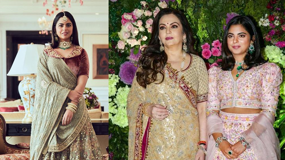 মা নীতার মতো ইশার ড্রেসিং সেন্সও নিখুঁত। সব্যসাচীর এই লেহঙ্গার সঙ্গে তিনি পরেছিলেন মানানসই ভারী গয়না।