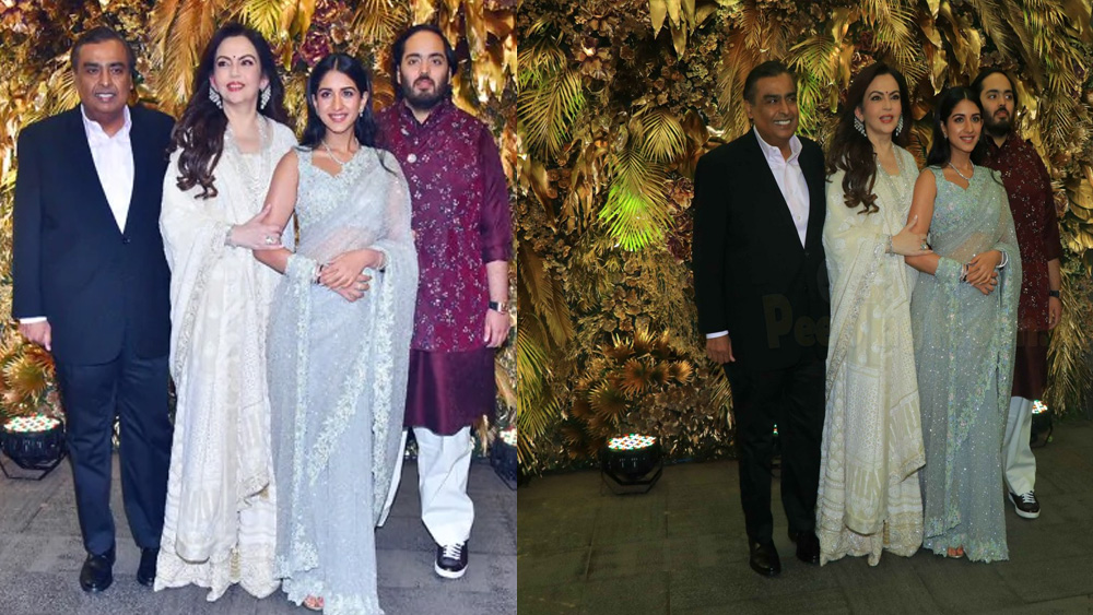 আরমান-অনীশার বিয়ের রিসেপশনের আমন্ত্রিতদের মধ্যে ছিলেন অন্য জগতের বিশিষ্টরাও। স্ত্রী নীতা, ছেলে অনন্ত এবং অনন্তর বান্ধবী রাধিকার সঙ্গে উপস্থিত ছিলেন মুকেশ অম্বানী। (ছবি: ফেসবুক)