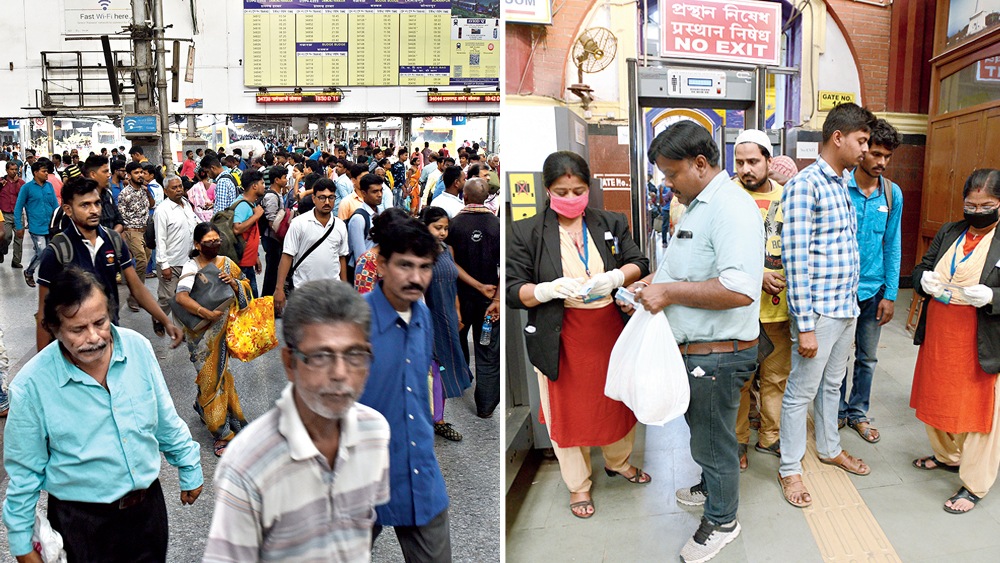 ফস্কা গেরো: শিয়ালদহ স্টেশনের ভিড়ে সোমবার চোখে পড়েনি করোনাভাইরাস নিয়ে প্রতিরোধমূলক কোনও ব্যবস্থা (বাঁ দিকে)। হাওড়া স্টেশনে ব্যক্তিগত উদ্যোগে কোনও কোনও কর্মী মাস্ক ও দস্তানা ব্যবহার করছেন। নিজস্ব চিত্র