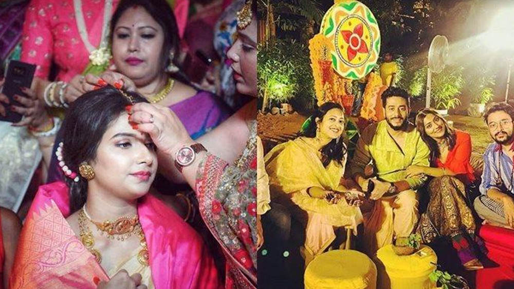 বিয়ের জন্য রাজ-শুভশ্রী বেছে নিয়েছিলেন শহর থেকে সামান্য দূরে বাওয়ালি রাজবাড়ি। রাজবাড়ি সেজে উঠেছিল নানা ফুলের সাজে। ১০মে ছিল তাঁদের আইবুড়োভাত। কাঁসার থালায় থরে থরে সাজানো ছিল খাবার। আলতা দিয়ে দু’পা রাঙিয়েছিলেন নায়িকা।