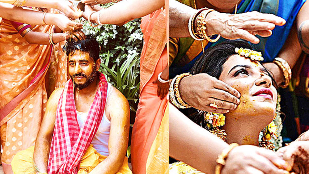 অবশেষে এল ‘দ্য ডি ডে’—পাওয়ার কাপলের বিয়ের দিন। ১১ মে ভোর চারটেয় জল সইতে যাওয়া ও দধিমঙ্গল দিয়ে শুরু হয়েছিল বিয়ের উপচার। রাজের গা ছোঁয়ানো হলুদ এসে লেগেছিল শুভশ্রীর শরীরে।