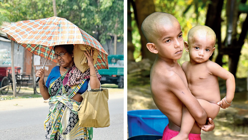 অসহায়: (বাঁ দিকে) মায়া মোহান্ত। (ডান দিকে) আধপেটা খেয়ে দিন কাটছে রাজুর দুই শিশু সন্তানের। নিজস্ব চিত্র