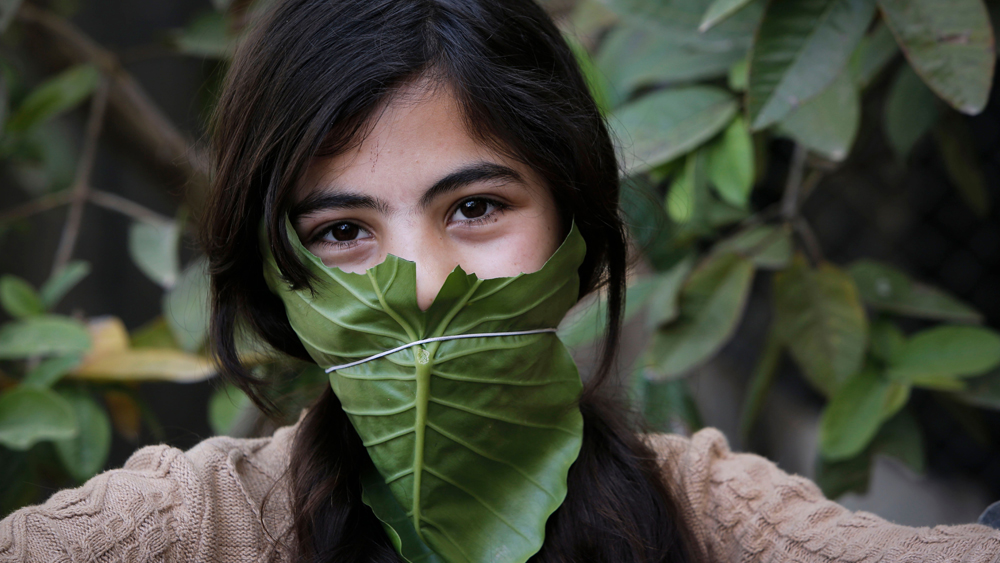 এই তরুণী আবার সম্পূর্ণ প্রাকৃতিক বিকল্পকেই বেছে নিয়েছেন। গাছের বড় পাতা তাঁর মুখের আবরণ।