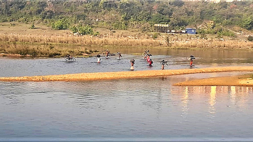 দামোদর নদ পারাপারের চেষ্টা। মাইথন ও ডুবুরডিহির মাঝে। নিজস্ব চিত্র 