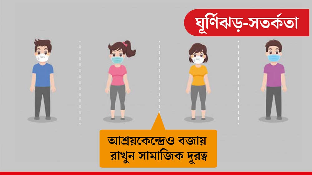 যদি দুর্যোগের পরে কোনও ঘূর্ণিঝড় আশ্রয়কেন্দ্র বা অন্যান্য সরকারি আশ্রয়কেন্দ্রে থাকতে হয়, সেখানেও সামাজিক দূরত্ব বজায় রাখুন।