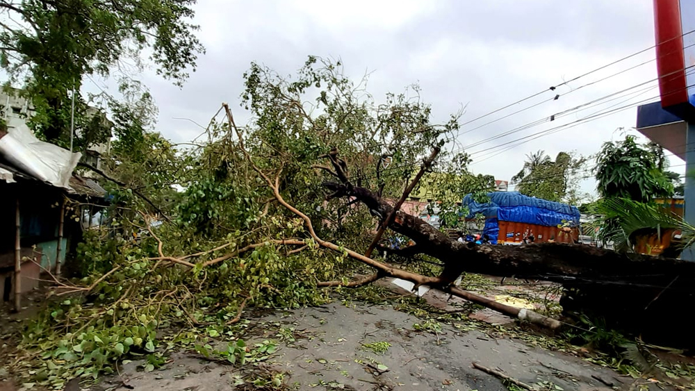 গাছ পড়ে বন্ধ বৈদ্যবাটী-জিটি রোড। এই একই অবস্থা বৃহস্পতিবার সকালে দেখা গিয়েছে কলকাতা, শহরতলি এবং অন্যান্য জেলার প্রায় সব রাজপথেই।