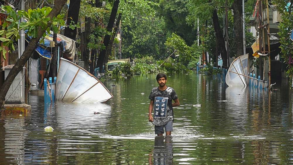 উপায় নেই, হাঁটু পর্যন্ত জমা জলেই পথ চলা।