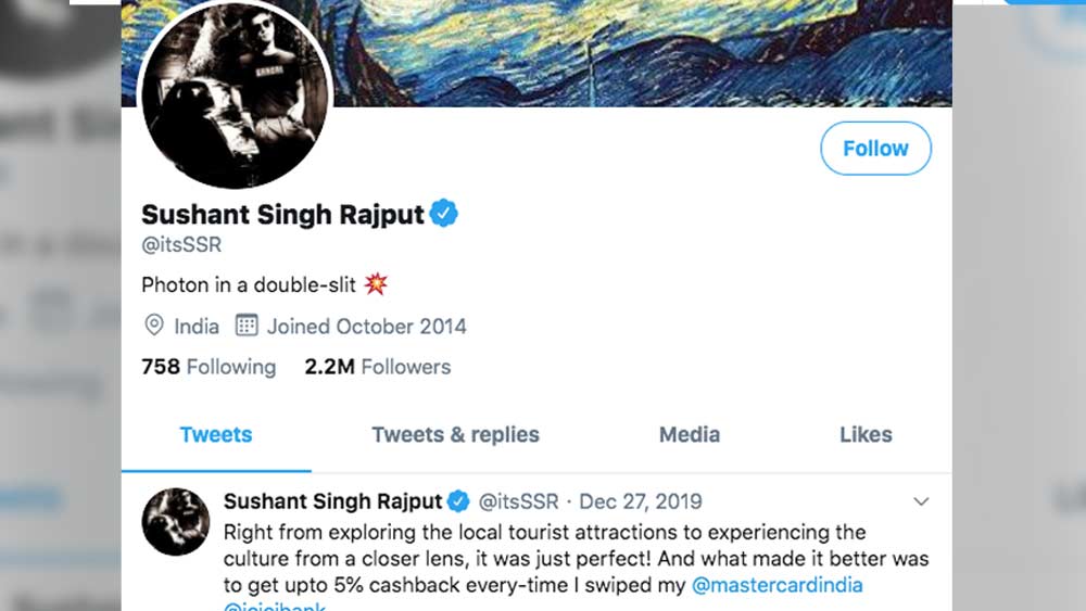 ঘটনার তদন্তে সুশান্তের সোশ্যাল মিডিয়া প্রোফাইল ও হ্যান্ডলগুলি খুঁটিয়ে পরীক্ষা করছে পুলিশ। পুলিশের ধরণা, এর আগেও সুশান্তের পোস্ট মুছে ফেলা হয়েছে। সোশ্যাল মিডিয়ায় সক্রিয় সুশান্তের শেষ টুইট দেখা যাচ্ছে ২০১৯-এর ২৭ ডিসেম্বরে।