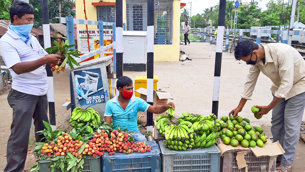 জীবিকা: লটারি ছেড়ে ফল বিক্রি করছেন কীর্ণাহারের সোমনাথ। ছবি: কল্যাণ আচার্য