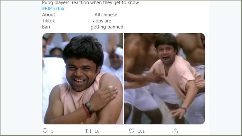 আবার পাবজি নিষিদ্ধ না করে টিকটক নিষিদ্ধ করায় এই দুই অ্যাপ ব্যবহারকারীদের অবস্থা শাহিদ কপূর, পরেশ রাওয়াল অভিনীত ‘চুপকে চুপকে’ ছবির রচপাল যাদবের কুস্তি লড়তে যাওয়ার অবস্থা। যেখানে তাঁর প্রথমে আনন্দ আর আতঙ্কের পরিস্থিতি তৈরি হয়েছিল। যেন পাবজি প্লেয়াররা আনন্দে নাচছেন, আর কান্নাকাটি শুরু করেছেন টিকটক ইউজাররা।
