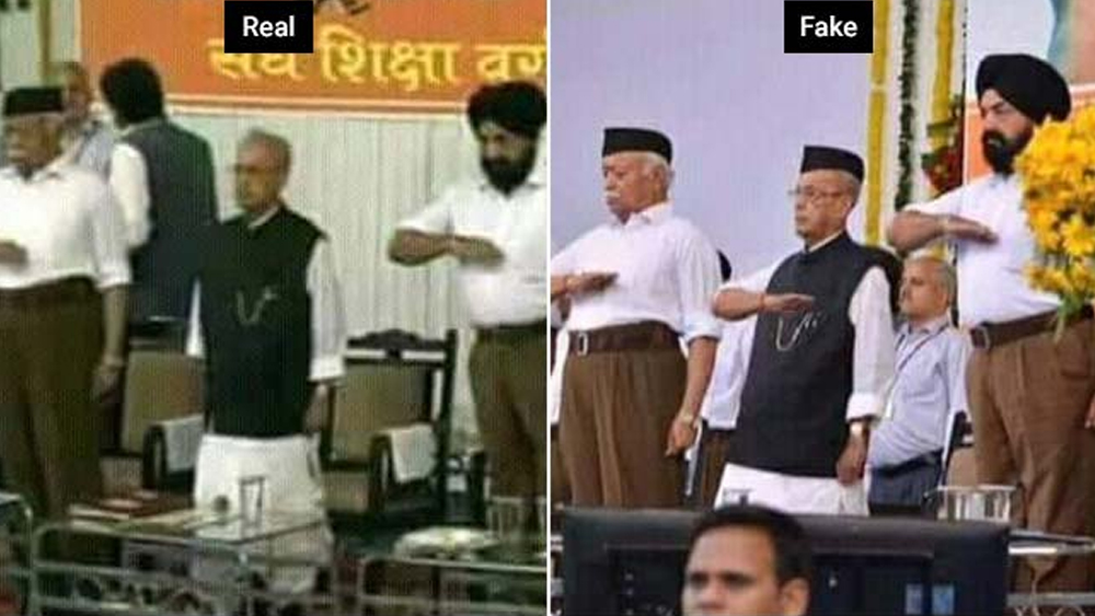 সঙ্ঘের টুপি পরে, বুকের কাছে হাত রেখে অভিবাদন করছেন প্রণব এমন একটি ভুয়ো ছবি সেইসময় সোশ্যাল মিডিয়ায় ছড়িয়ে পড়ে। তা দেখে শর্মিষ্ঠা বলেন, ‘‘এ রকম ঘটতে পারে বলে আশঙ্কা করেছিলাম। তা নিয়ে আগে থেকেই সতর্ক করেছিলাম বাবাকে।’’ পরবর্তী কালে এমন অভিযোগও ওঠে যে, নাগপুরে হেগড়েওয়ারকে ভূমিপুত্র বলার জন্যই প্রণব মুখোপাধ্যায়কে ভারতরত্ন দেওয়া হল।