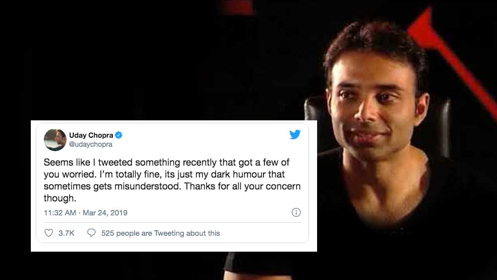 পরে উদয় তাঁর ট্যুইটবার্তা মুছে ফেলেন। কিন্তু পোস্টগুলির স্ত্রিনশট ভাইরাল হয়ে গিয়েছিল। যদিও উদয় পরে দাবি করেন, ওই ট্যুইট আদৌ সিরিয়াস ছিল না। বরং ওটা তাঁর ‘ডার্ক হিউমার’। একইসঙ্গে অনুরাগীদের ধন্যবাদও জানান উদয়। তাঁর পাশে থাকার জন্য। কিন্তু অনুরাগীরা অত সহজে তাঁর ‘রসিকতা’ সংক্রান্ত দাবি মেনে নিতে পারেননি।
