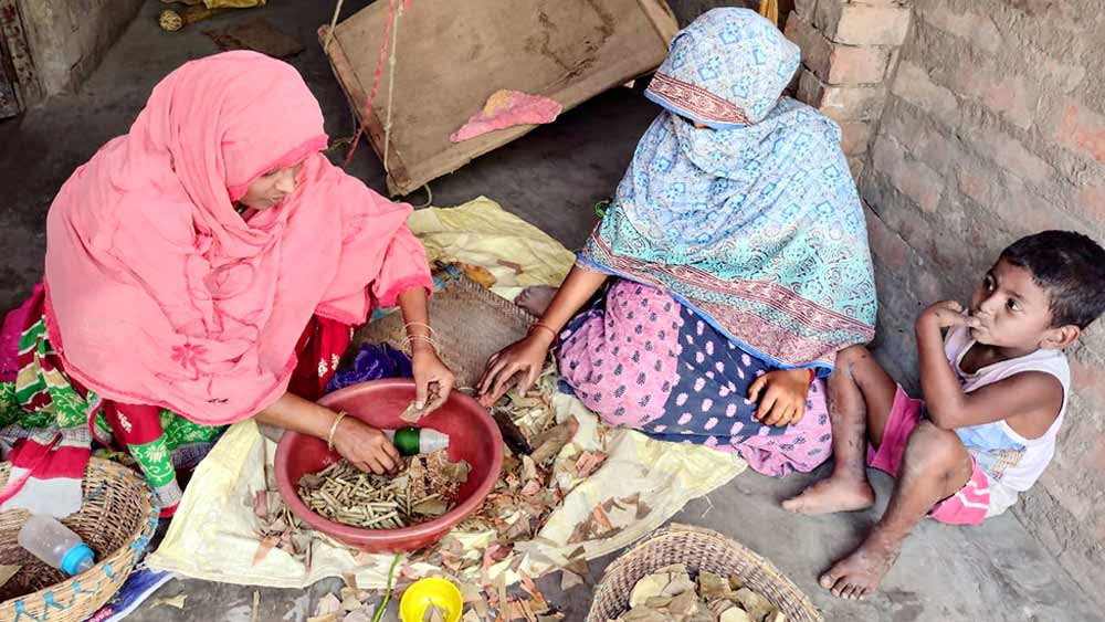 চলছে বিড়ি বাঁধার কাজ। মুর্শিদাবাদের লালগোলায়। নিজস্ব চিত্র