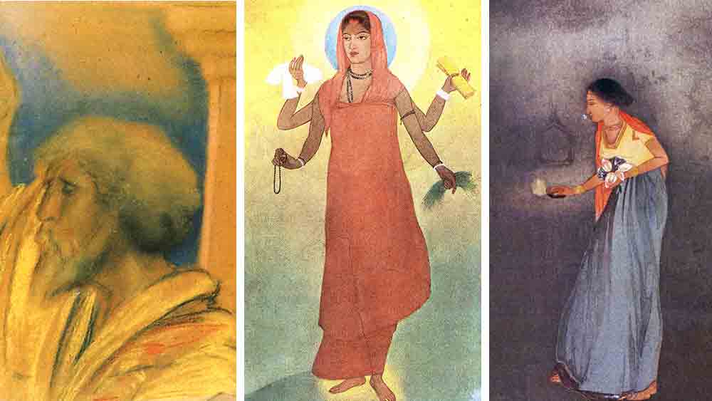 শিল্পগুরু: অবনীন্দ্রনাথ ঠাকুর (মূল ছবি)। ঘড়ির কাঁটার চলনের দিকে, তাঁর আঁকা বিখ্যাত চিত্রগুলি— ফাল্গুনীতে রবীন্দ্রনাথ, ভারতমাতা এবং দীপদাত্রী। 