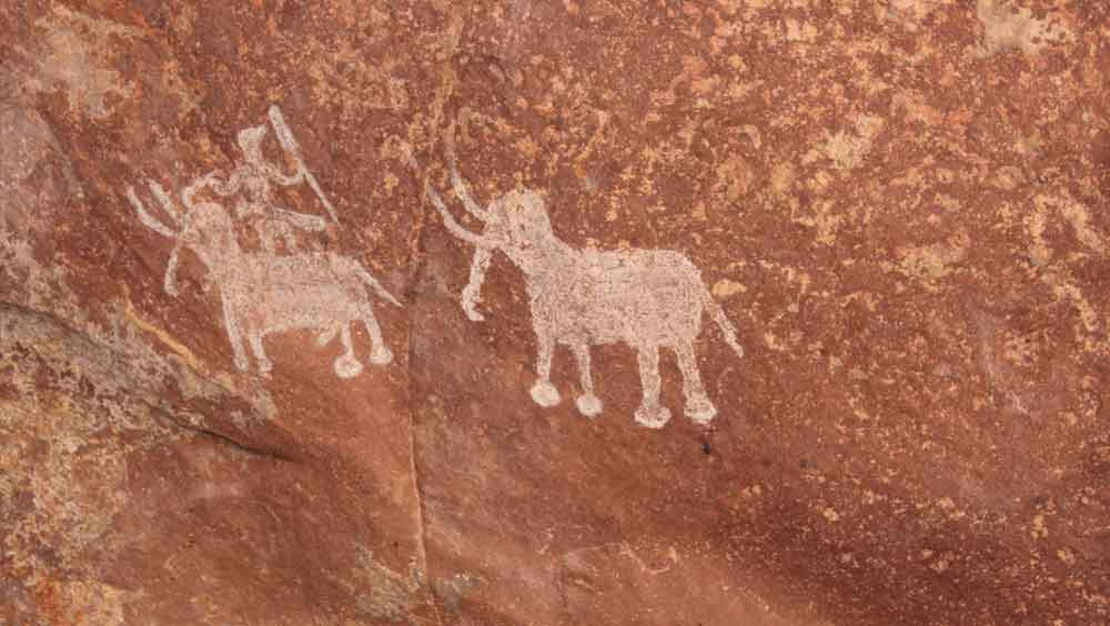 ভীমবেটকার গুহাচিত্রে হাতিতে সওয়ার মানুষ।