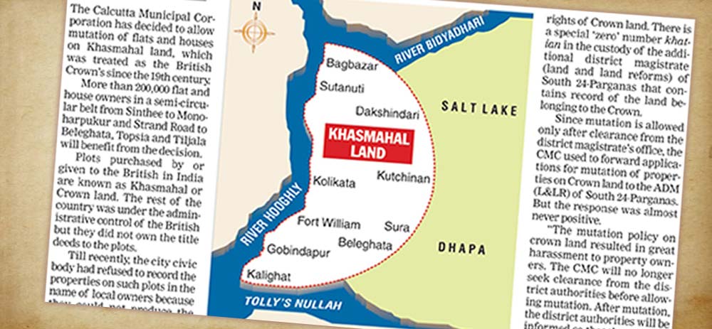 ২০১২ সালে কলকাতা পুরসভা ব্রিটিশ আমলের খাসমহল জমির যে তথ্য প্রকাশ করেছিল, সেই অনুযায়ী নগরায়ন পর্বের একদম গোড়ার দিকের কলকাতার মানচিত্র এটি। গ্রাফিকটি দ্য টেলিগ্রাফ (কলকাতা)-র ১১ জুলাই ২০১২ সংস্করণ থেকে নেওয়া।